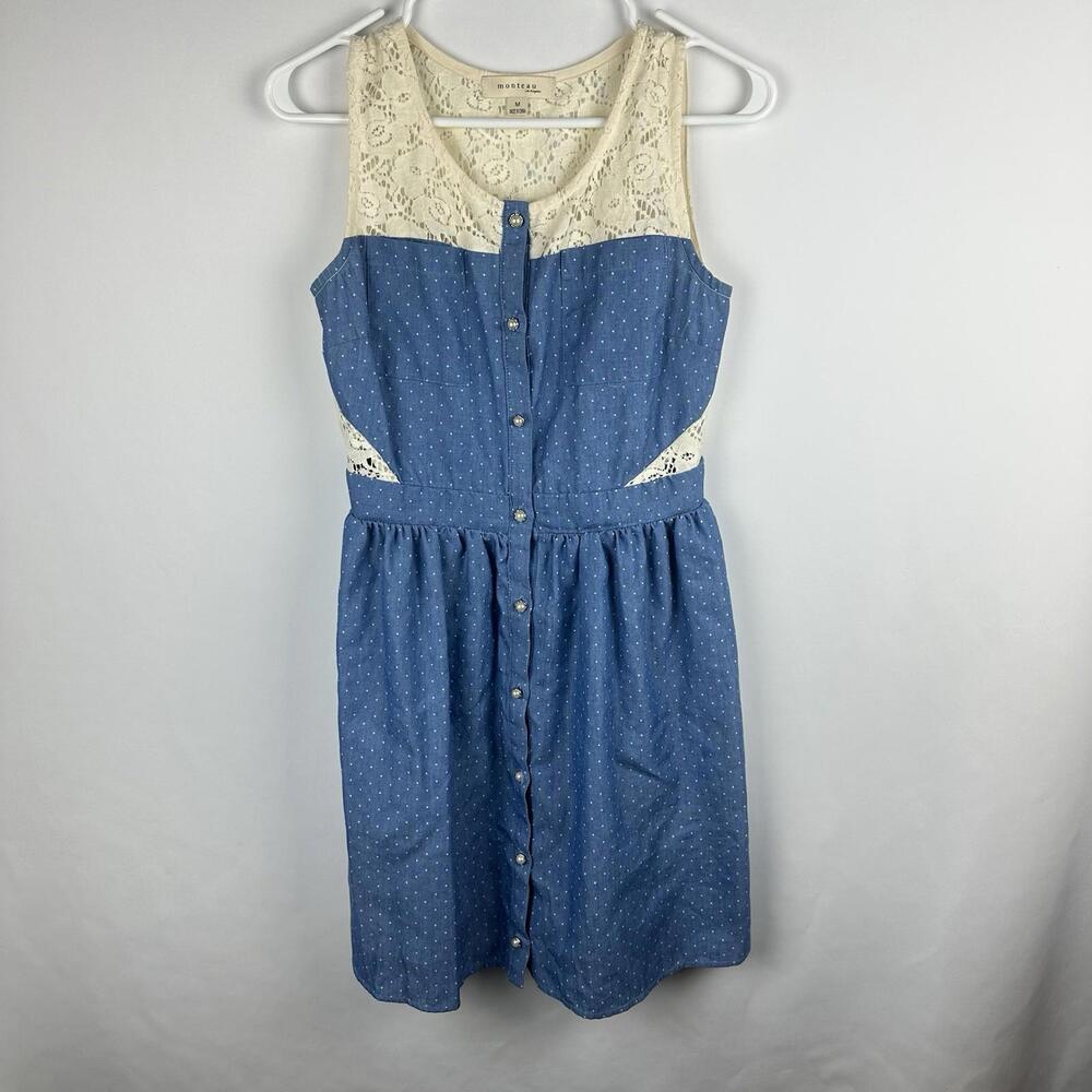 Monteau Los Angeles Women’s Dress Medium Blue‎ Polka Dot